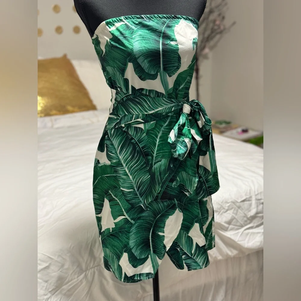 Green&White Palm Print Tie Waist - Picture 1 of 9